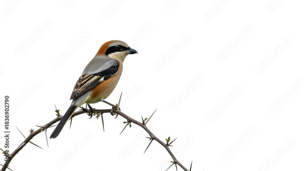 Fototapeta premium Alert shrike perched atop arching thorny branch, warm brown back and bold black mask standing out against pale sky, small predatory songbird surveying territory in stark minimalist scene