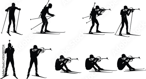 Biathlon Winter Sport Silhouette Collection Vector Illustration Set Skiing and Shooting Action Figures Extreme Recreation Graphic Template Design Athletes.