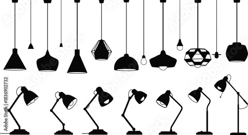 Modern Lighting Fixture Silhouette Collection Vector Illustration Set Hanging Pendant and Adjustable Desk Lamps Interior Decoration Graphic Design.
