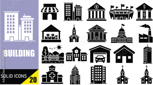 Stunning collection of solid black and white architectural icons representing diverse urban and civic structures for modern design projects
