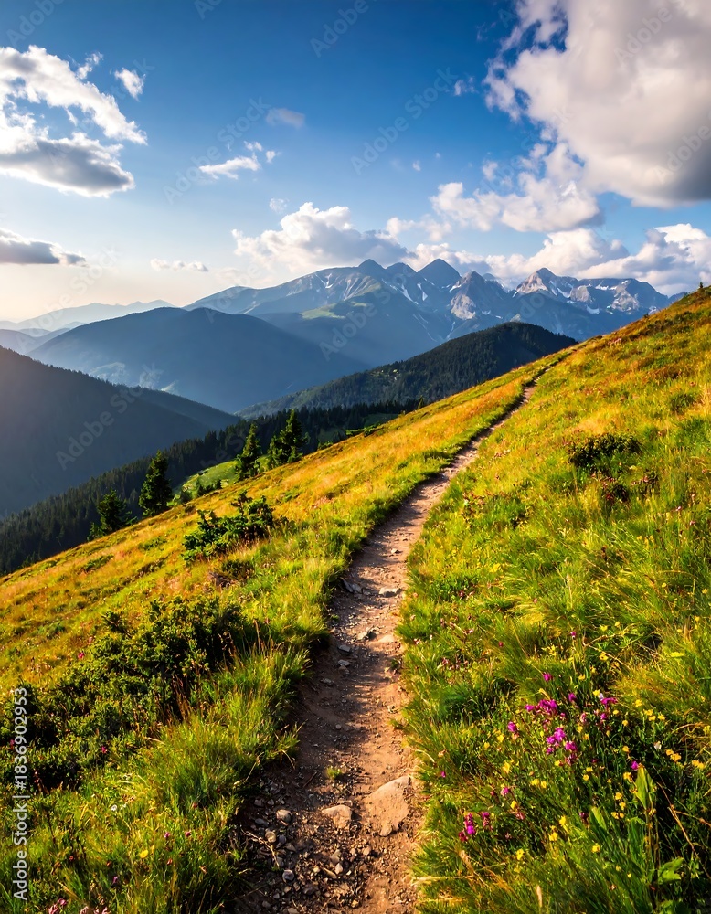 Obraz premium Scenic mountain trail winds upward through lush, sunlit meadows
