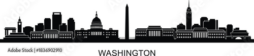 Washington D.C. Capital City Skyline Silhouette Vector Illustration Black Minimalist Landmark View Urban Design Graphic Template United States Architecture.