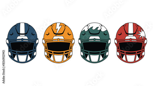 Four Cartoon Football Helmets Blue, Orange Lightning, Green Wave, and Red Star Designs for Super Bowl