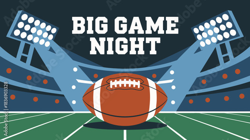 Illustrated Football Stadium with Ball and Big Game Night Text, Ready for Super Bowl Sunday