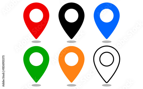 Free Download Map Pin Icon Set with Shadow - 6 Colorful Vector Place Markers (Red, Black, Blue, Green, Orange, White) - GFXLoad