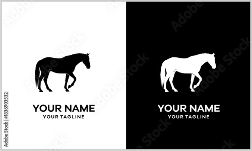 Striking black and white horse silhouette logo design concept presented on contrasting backgrounds with placeholder text.