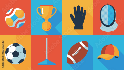 Illustration Set Sports Equipment Icons Depicting Football, Soccer, Fencing, Baseball and Award Trophy