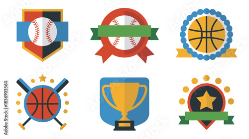 Illustration of Baseball, Basketball, Trophy and Star Badges With Decorative Ribbons in