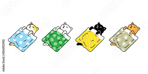 cat vector sleeping kitten calico blanket icon cartoon character pet animal doodle logo illustration symbol design
