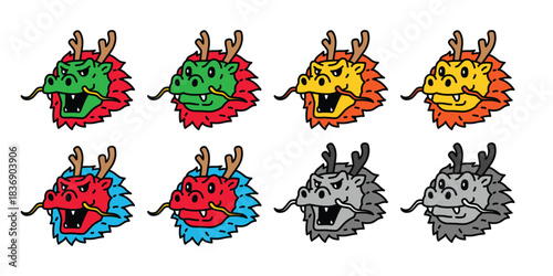 chinese dragon vector new year cartoon character mascot face head smiling icon gold logo doodle symbol illustration design isolated