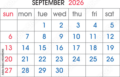September 2026 Calendar Grid With Red Sunday Dates And Blue Weekday Numbers planner