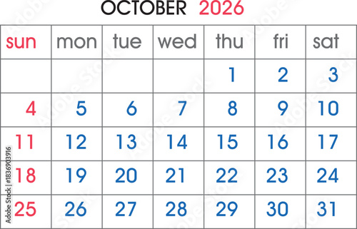 October 2026 Calendar Grid With Days Of The Week And Numbers planner