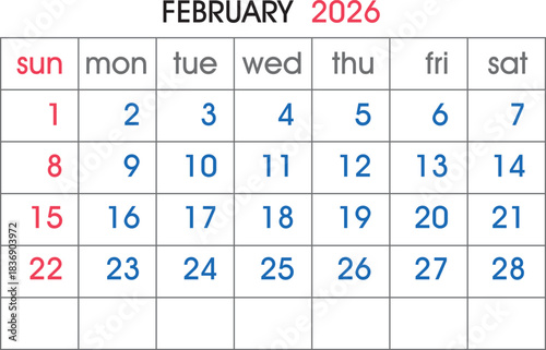 February 2026 Calendar Grid With Days Of The Week And Numbers planner