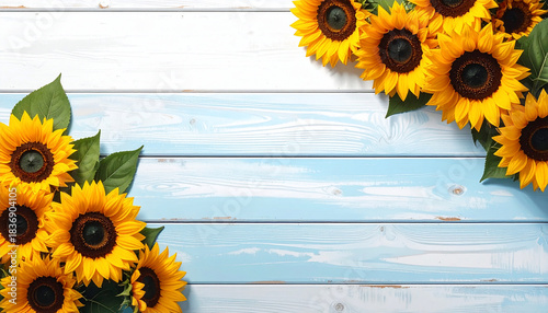 Sunflowers on Blue Wood Background