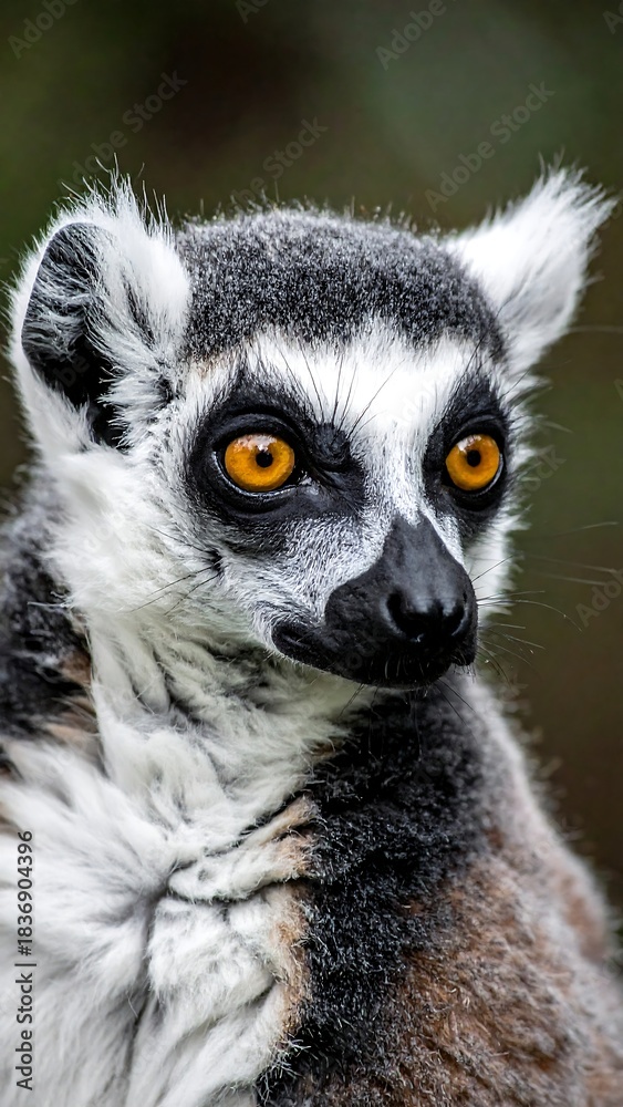 Fototapeta premium Close-up portrait of a ring-tailed lemur, showcasing its striking orange eyes and patterned fur, set against a blurred background
