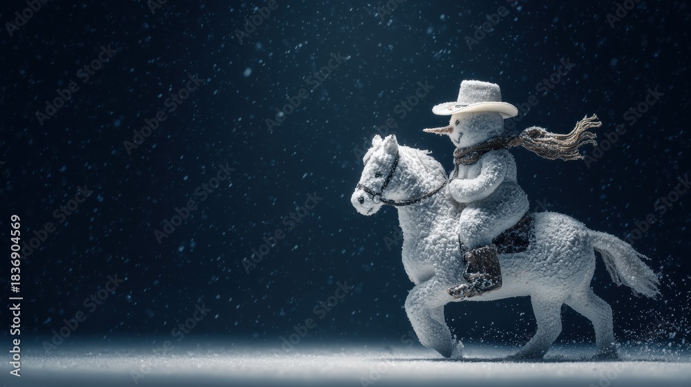 Fototapeta premium Snowman Cowboy in Winter Wonderland: A whimsical snowman cowboy rides gallantly atop a frosted steed through a serene, snowy landscape, creating a scene of winter joy and adventure.