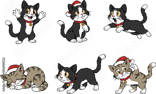 Vector collection of funny kitten characters celebrating Christmas. Bundle of tuxedo and tabby cats wearing Santa Claus hats and red collars with bells