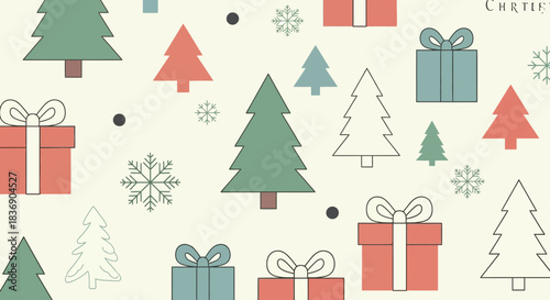 Charming vintage style seamless pattern featuring festive Christmas trees gifts and snowflakes perfect for holiday designs