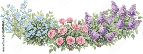 Beautiful Spring Floral Border of Pink Roses, Blue Forget-Me-Nots, and Purple Lilac Bushes for Greeting Cards, Wedding Invitations, and Romantic Design.