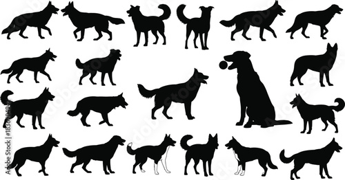Dog Breeds Black Silhouette Vector Collection, Set of Various Canines in Different Poses, Standing, Running, and Sitting with Ball, Pet Shop, Veterinary, and Animal Service Graphic Elements
