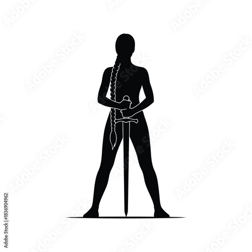 Female Warrior Silhouette Vector Holding Great Sword, Strength, Battle, Fantasy Heroine Graphic
