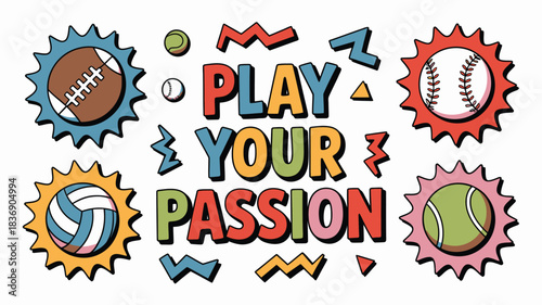 Play Your Passion Colorful Cartoon Sports Illustrations Featuring Football, Baseball, Volleyball, and Tennis
