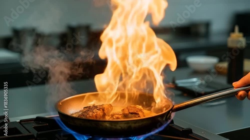 Chef cooking meat with dramatic mood over open flame against professional kitchen background