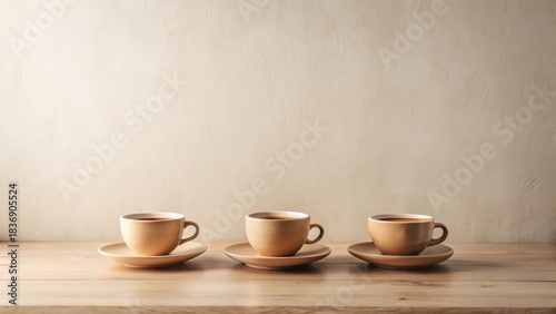 Three ceramic coffee cups arranged on a wood surface against a neutral backdrop