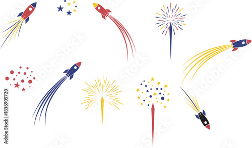 Abstract colorful firework trails and rocket launches against a white background illustration