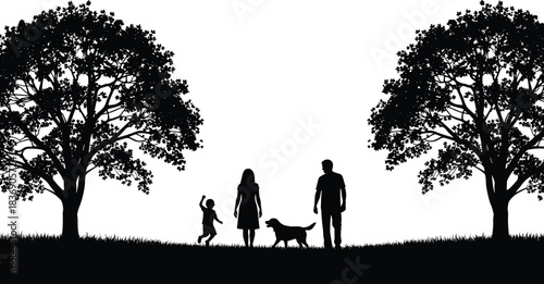 Happy family with dog walking between two large trees silhouette vector illustration, capturing a serene outdoor moment with parents, child, and pet in nature.