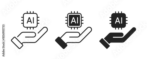 Hand holding AI chip icon. Hand holding artificial intelligence microchip technology icon. Hand holding microchip vector icon.