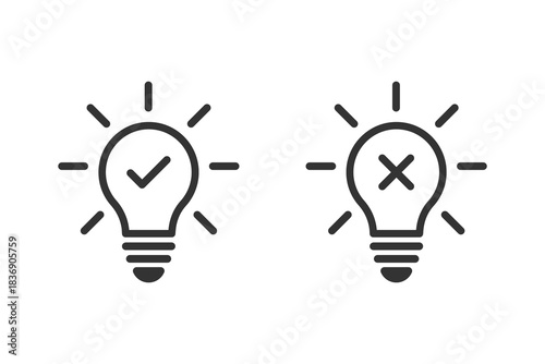 Light bulb check and cross mark icon. Business lamp with checkmark and x sign symbol. Idea icon concept. Idea approval and rejection symbol