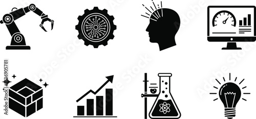 Industrial Robot, Gear, AI, Data Analysis, Growth Chart, Scientific Research, Idea, Engineering Vector Graphic.