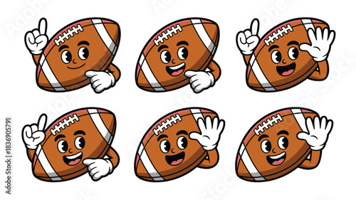 Six Adorable American Football Cartoon Characters with Waving and Pointing Poses on a White Background