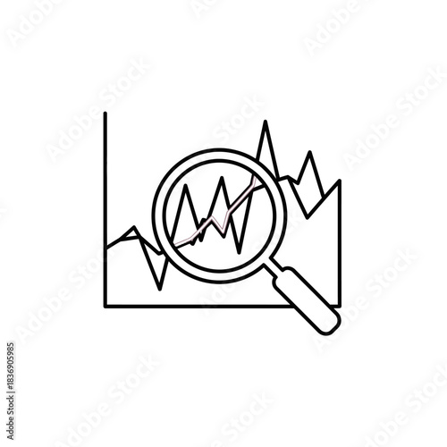 Magnifying glass analyzing financial data graph for business insights.