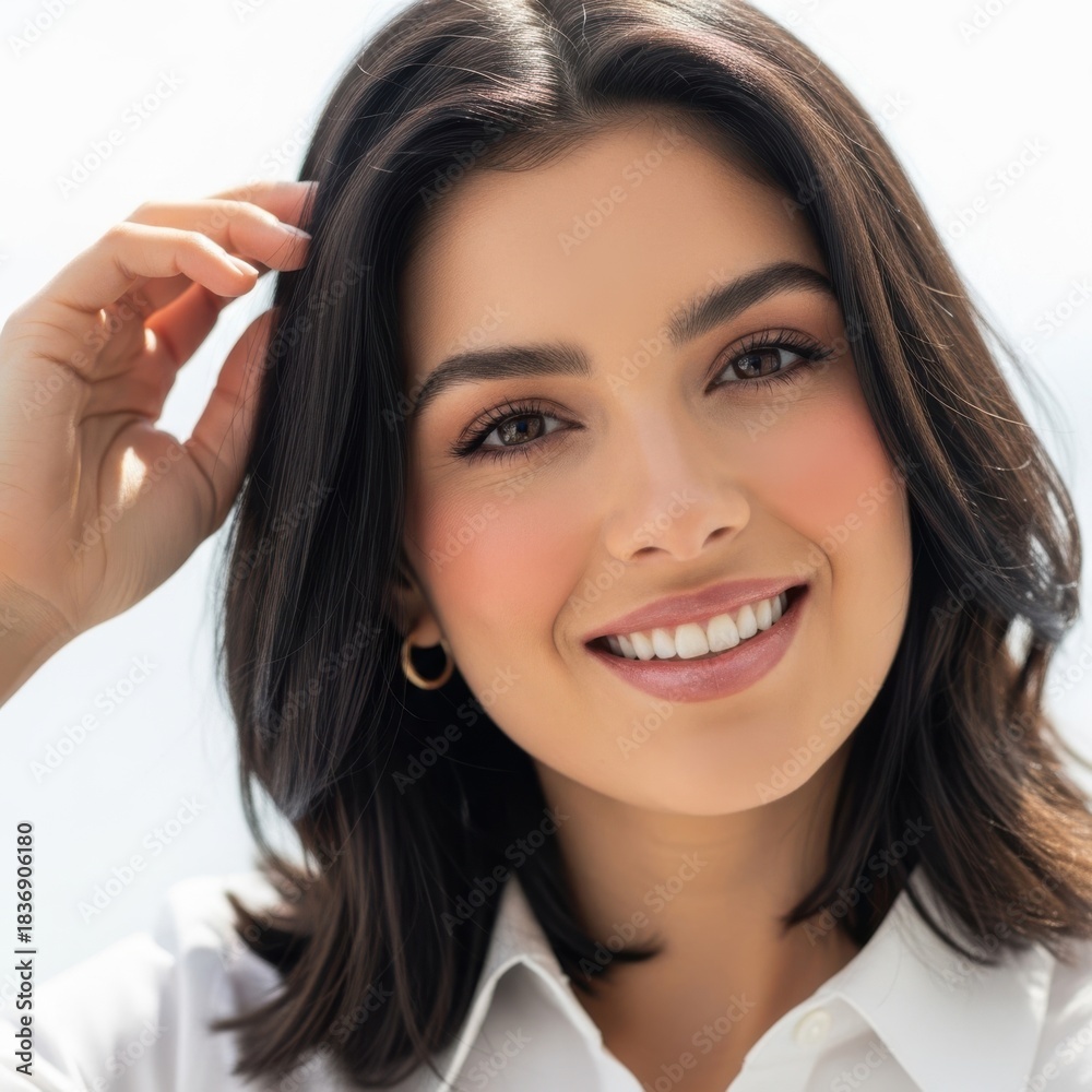 Naklejka premium Young woman with dark hair smiling joyfully outdoors in bright natural sunlight wearing a white collared shirt and hoop earrings isolated on white background