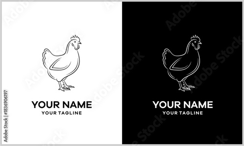 Monochrome outline chicken logo design template presented on contrasting black and white backgrounds, featuring customizable text.