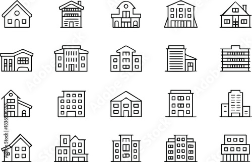 building silhouettes line icons for architecture and planning
