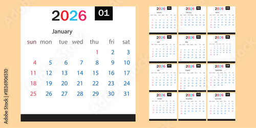 2026 calendar overview with monthly grids and year at a glance