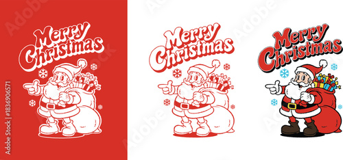 Retro Cartoon Santa Claus carrying a sack full of gifts and pointing his finger