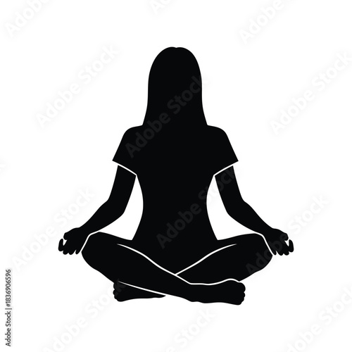 Woman sitting meditation pose silhouette, female zen yoga practice vector icon graphic