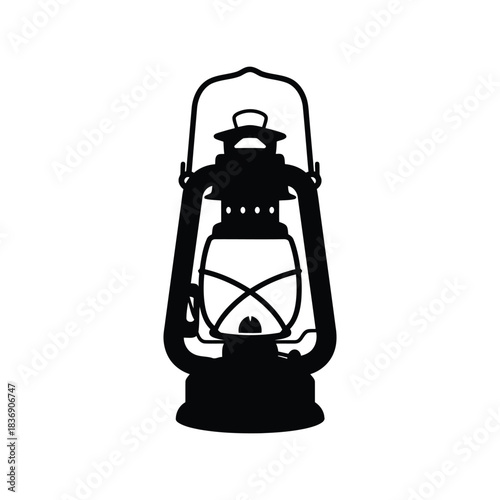 Vintage oil lantern silhouette, retro camping light lamp vector graphic, antique kerosene symbol
