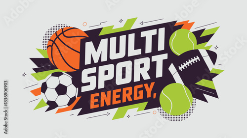 Vibrant MultiSport Design Featuring Basketball, Soccer Ball, Football and Tennis Balls on Abstract Background
