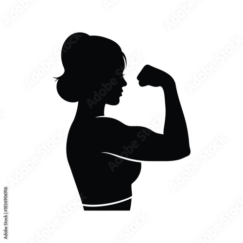 Strong woman side profile silhouette flexing bicep muscle, female fitness power icon vector