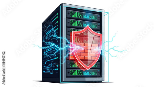 Server with shield. Protected computer server. Red shield icon. Blue circuit lines. Vector illustration of secure server on white background. Cyber security concept. Data protection symbol.