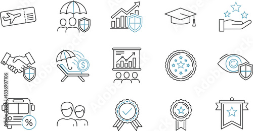 Business insurance and protection icons illustrating security, financial growth, customer benefits, travel safety, education support, rewards, and professional 