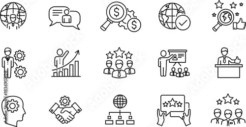 Business management icons illustrating leadership skills, global teamwork, financial analysis, employee performance, productivity growth, corporate training, customer feedback, 