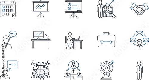 Business management icons illustrating planning, productivity, leadership, communication, teamwork, goals, analytics, corporate workflow, professional development, employee performance, and 