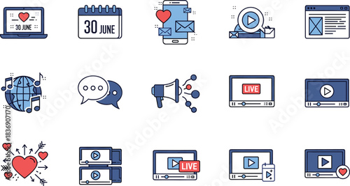 Creative social media marketing icons featuring content sharing, video streaming, live broadcasts, communication tools, and global engagement elements designed for digital promotion strategies.