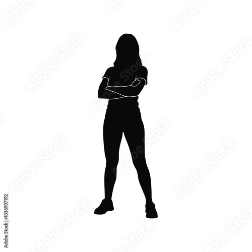 Confident woman with crossed arms full-body silhouette, strong female leader vector icon